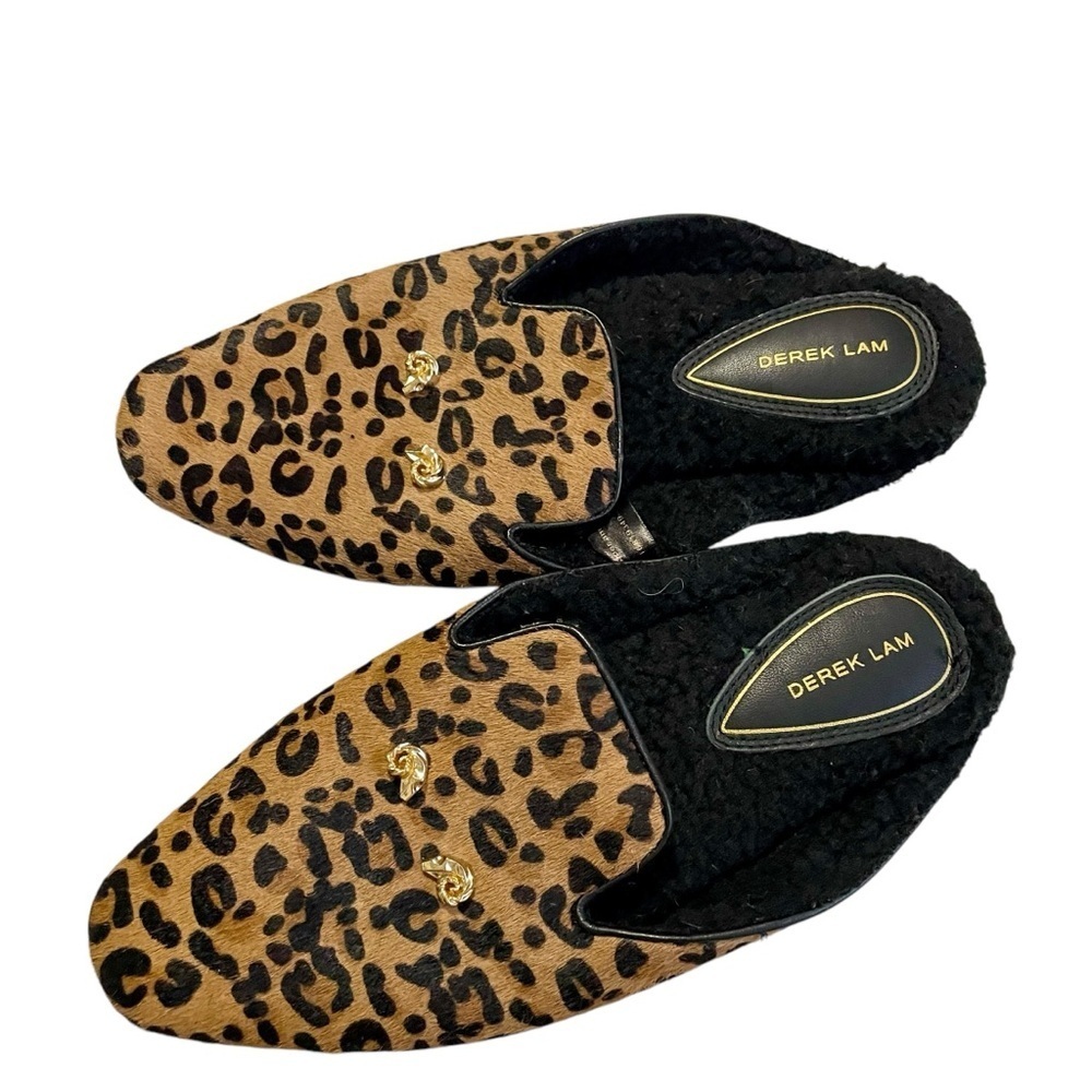 Derek Lam Leather Faux Fur Lining Leopard Print Slippers Size 7‎